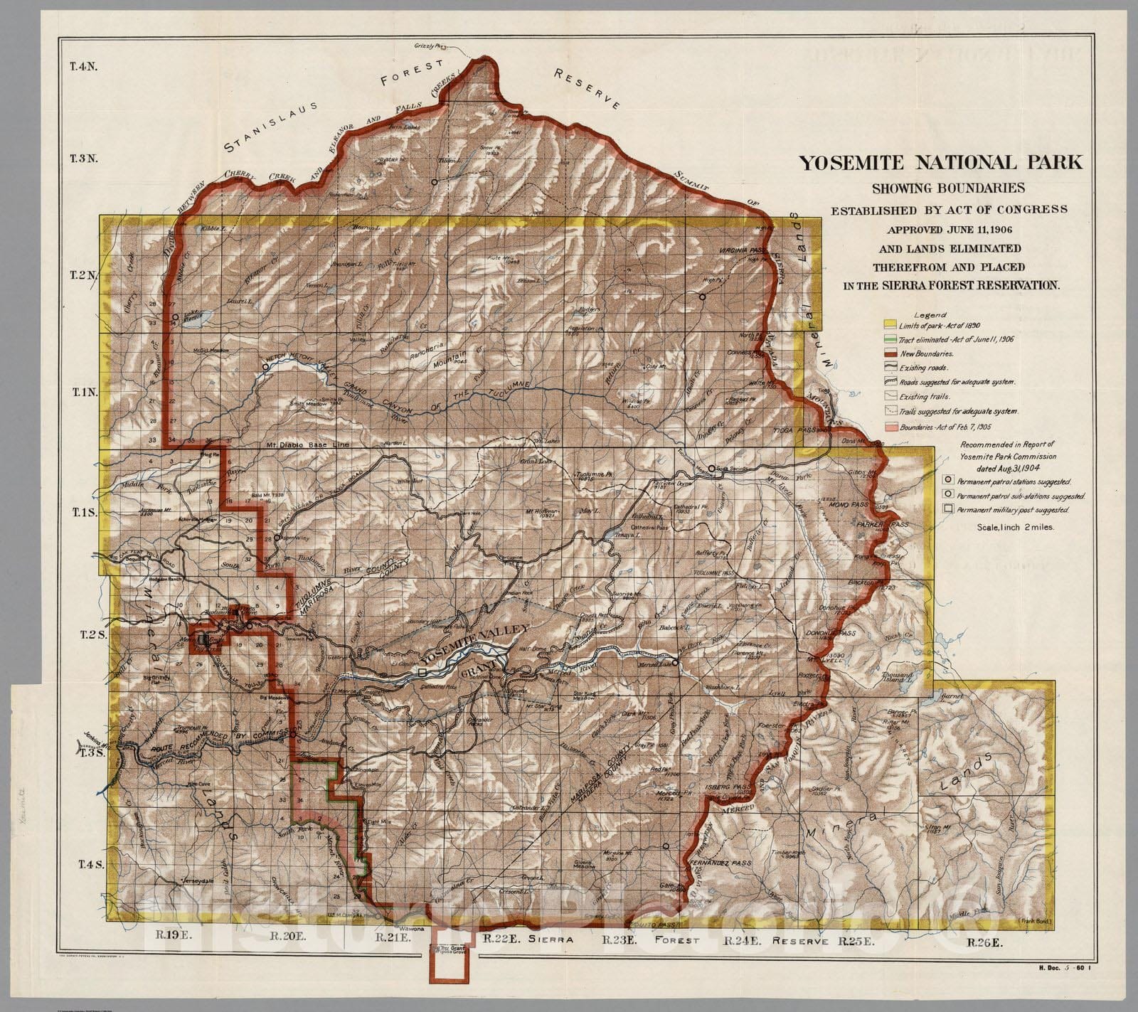 Yosemite National Park - Road Map, 1906 - Historical Map Print