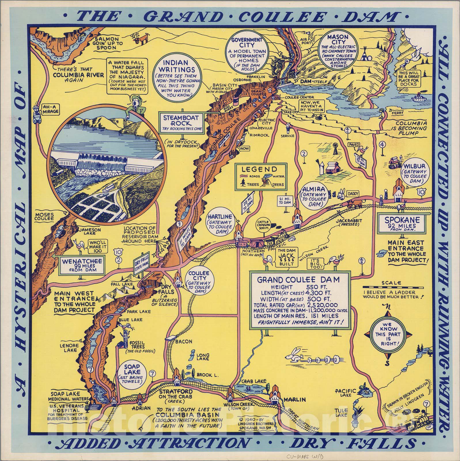 Historic Map : A Hysterical Map of the Grand Coulee Dam, 1940 - Vintage Wall Art
