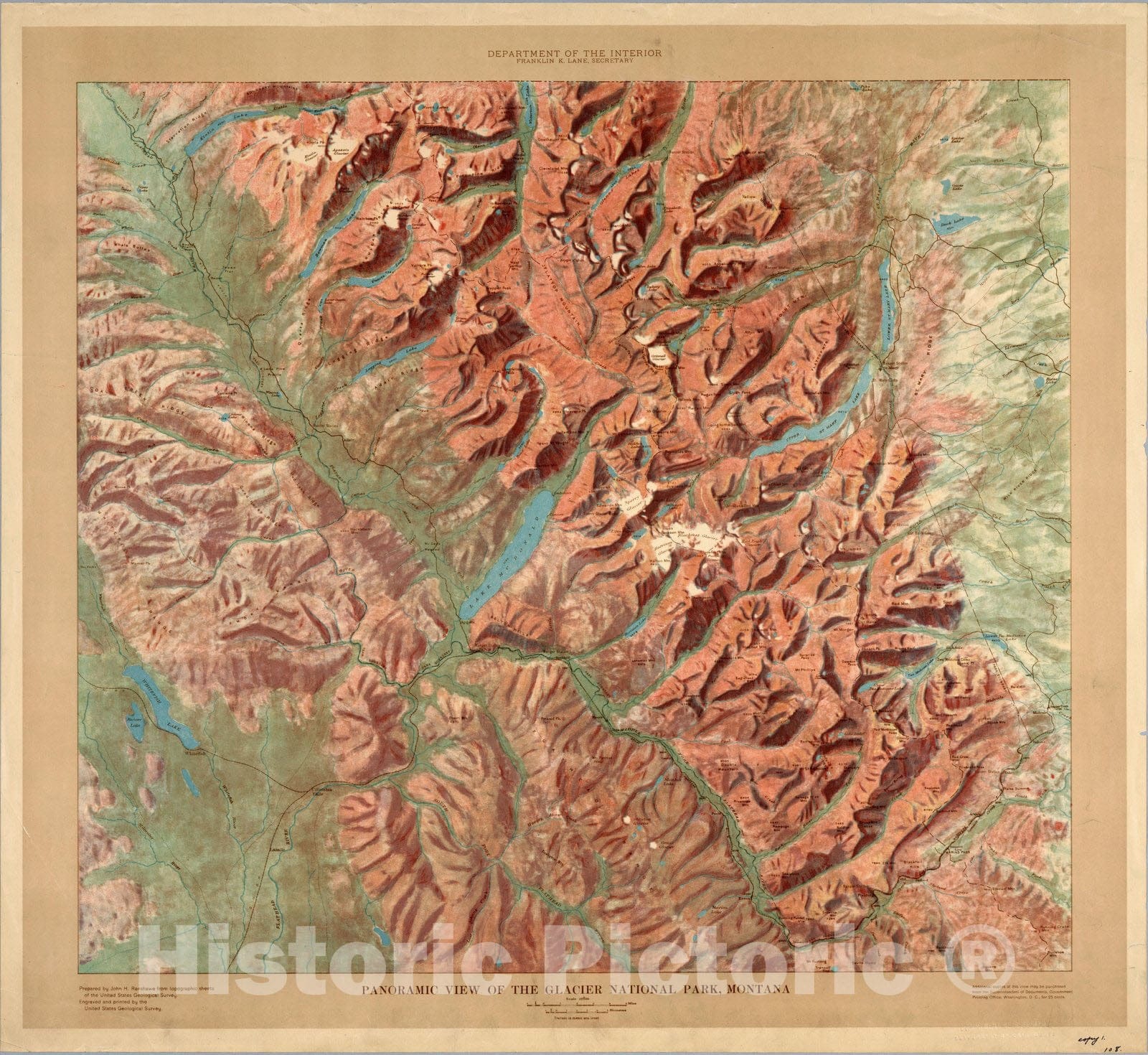 Historic Map : Panoramic View of The Glacier National Park, Montana., c1914, , Vintage Wall Art