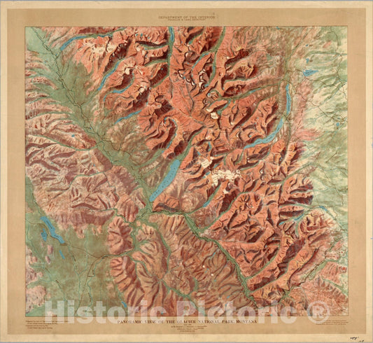 Historic Map : Panoramic View of The Glacier National Park, Montana., c1914, , Vintage Wall Art