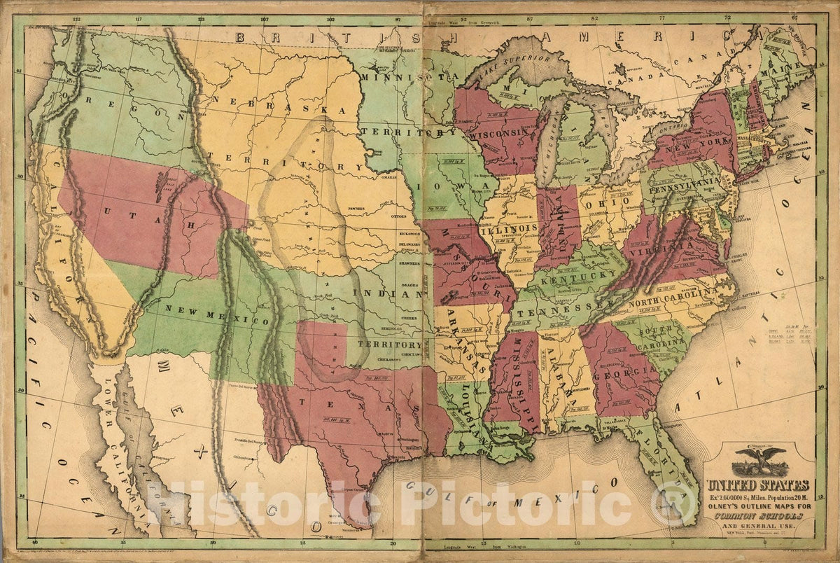 United States 1847 Historical Map Print - Olney's Outline Maps for Schools