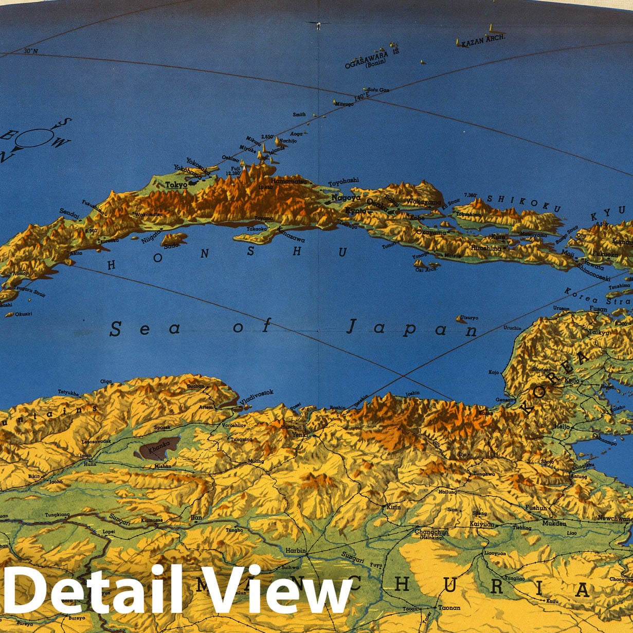 World War II: Japan and Siberia - Bird's Eye View, 1943 Historical Map Print