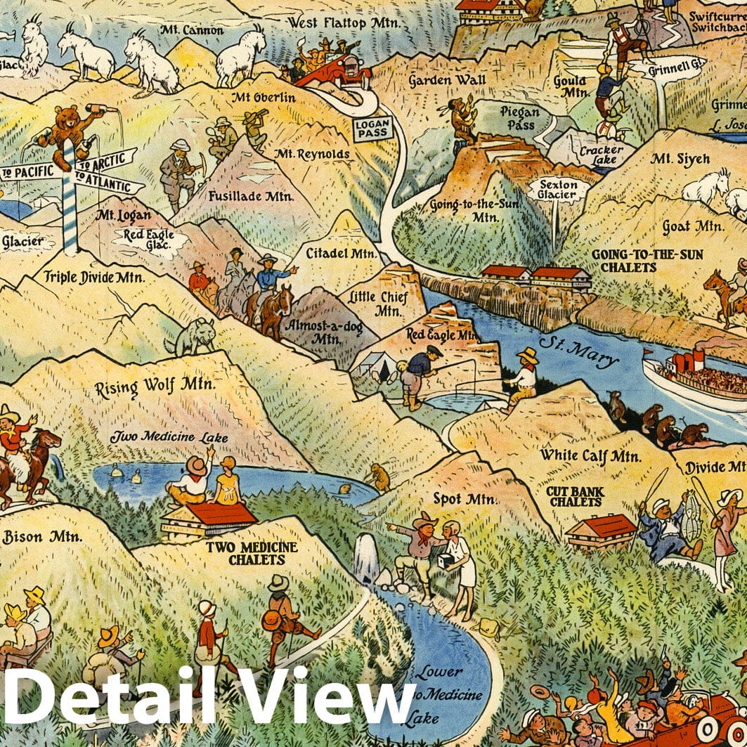 Glacier National Park, Montana and Waterton Lakes National Park, Alberta - Pictorial Map, 1925