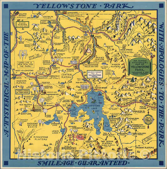 Historic Map - A Hysterical Map Of The Yellowstone Park - With Apologies To The Park - Smileage Guaranteed, 1934, Lindgren Brothers - Vintage Wall Art