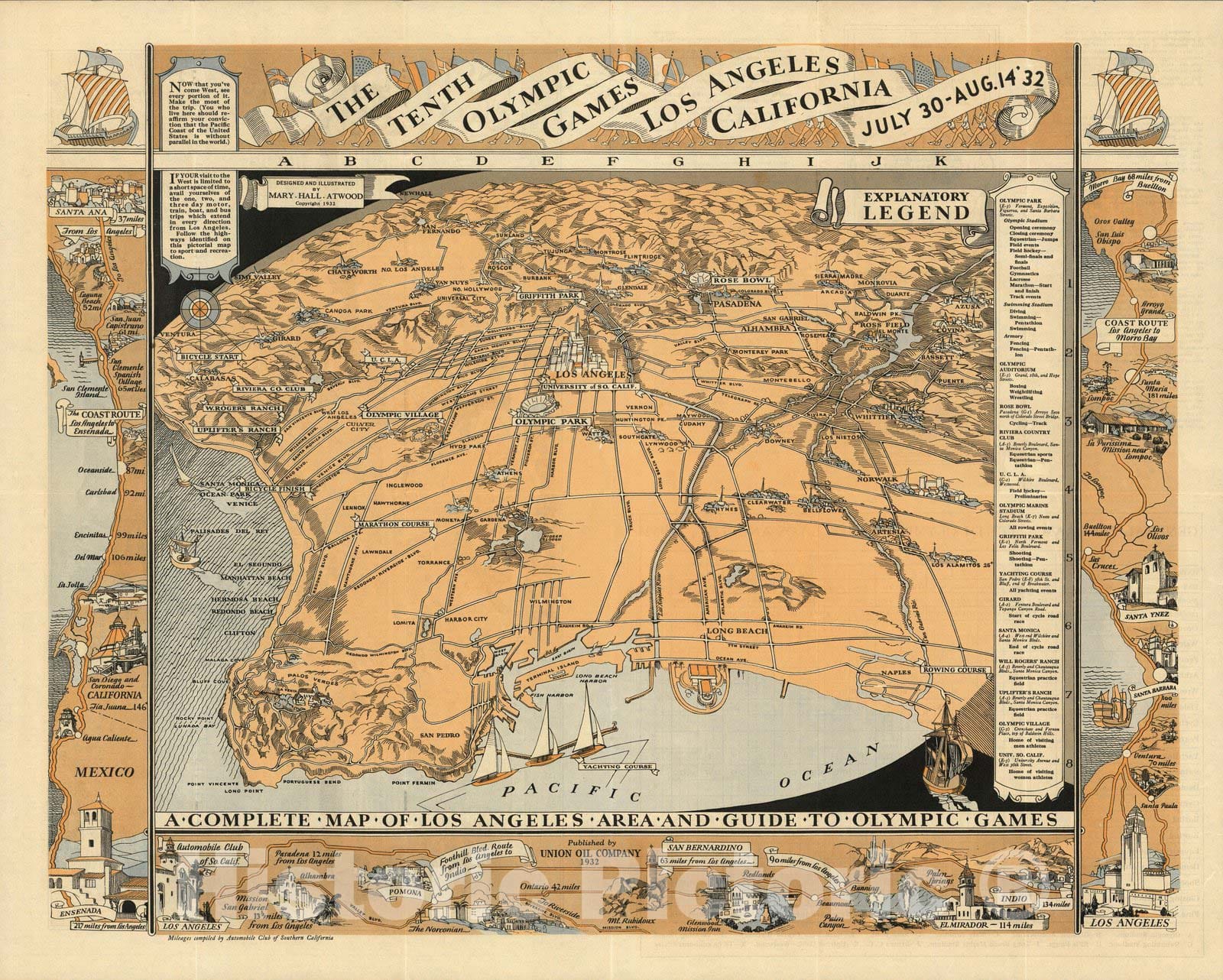 1932 Tenth Olympic Games Los Angeles Map - Mary Hall Atwood Historical Print