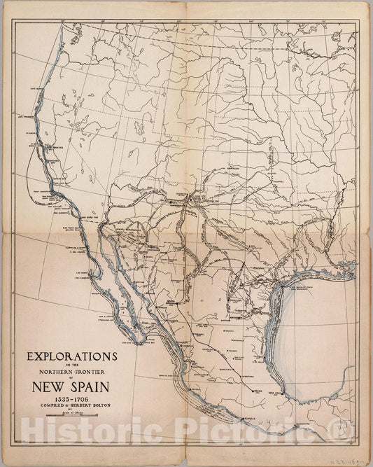 Historic Map : Explorations on the northern frontier of New Spain 1535-1706 1915 - Vintage Wall Art
