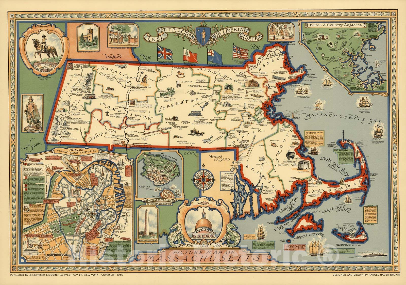Historic Map : Picture map of Massachusetts, 1930 - Vintage Wall Art