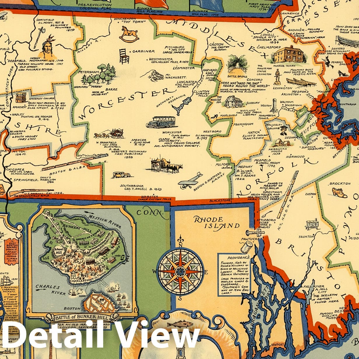 Massachusetts - Pictorial Map, 1930 - Historical Map Print