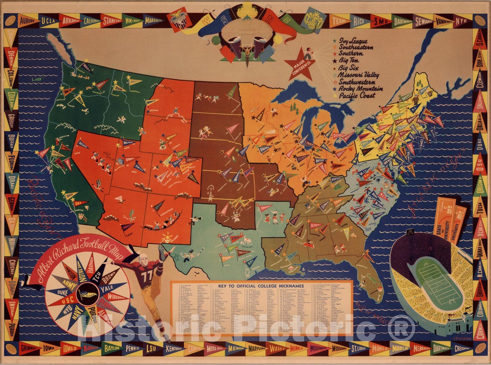 United States Football Map 1938 - Vintage College Football Pictorial Print