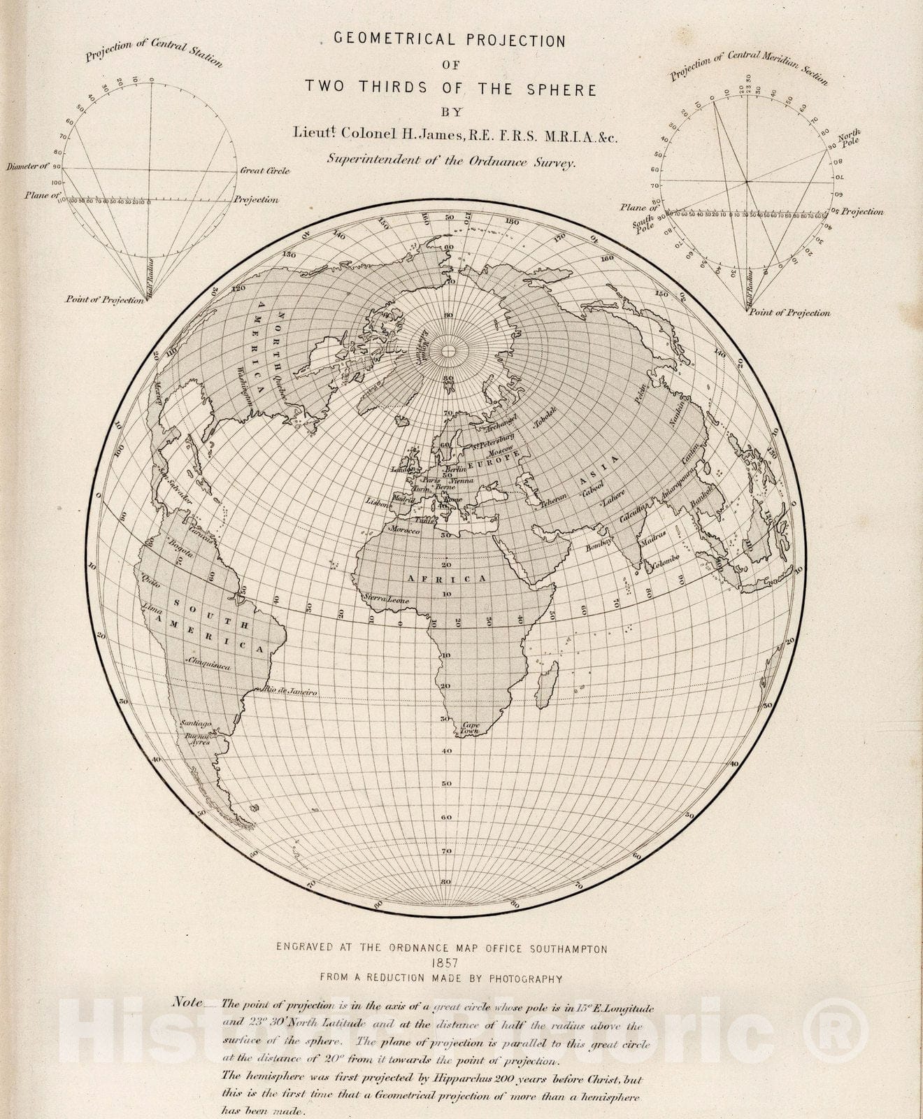 Historic Map : Survey Book, Geometrical projection of two third of the sphere 1857 - Vintage Wall Art