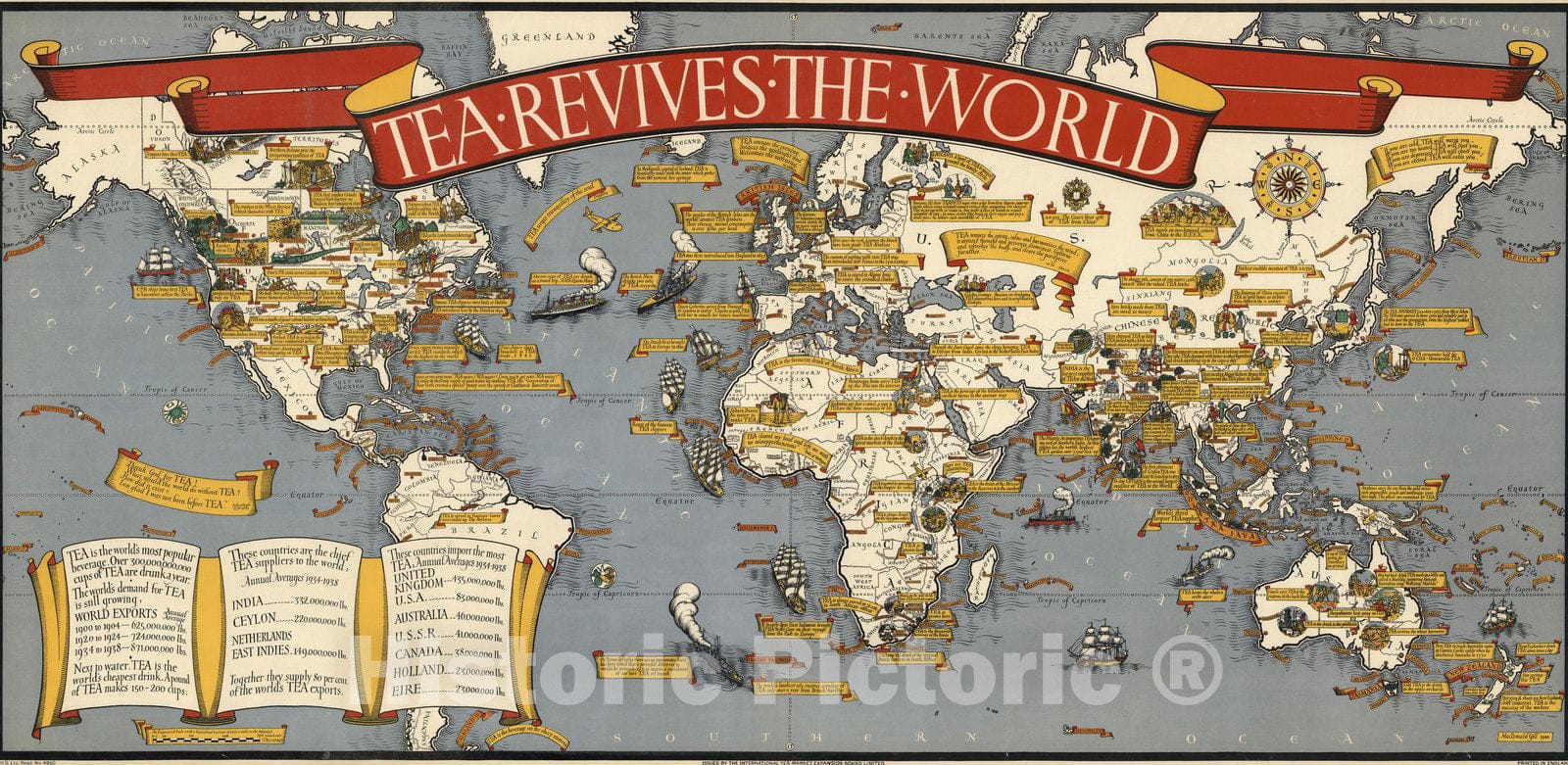 Historic Map : Tea revives the world. MacDonald Gill 1940 1940 - Vintage Wall Art
