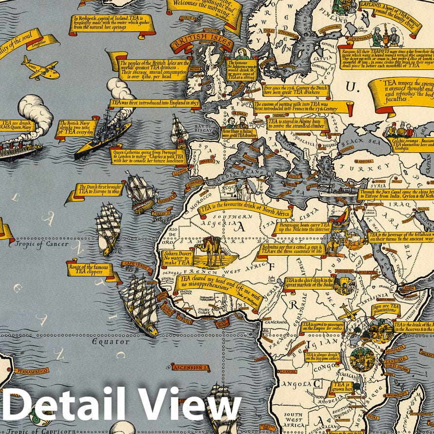 World - Pictorial Map, 1940 - Tea Trade Historical Print