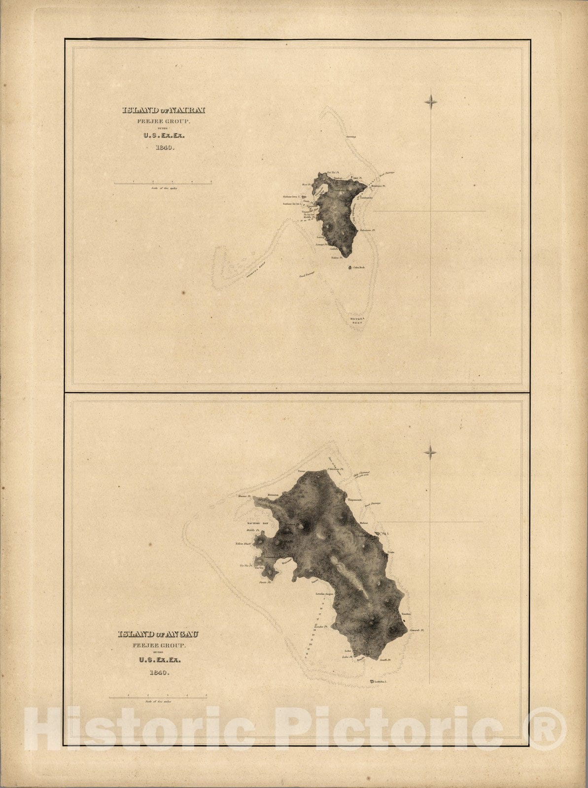 Historic Map : Fiji, Island of Natrai, Island of Angau (Gau or Koro), Feejee (Fiji). 1840 , Vintage Wall Art