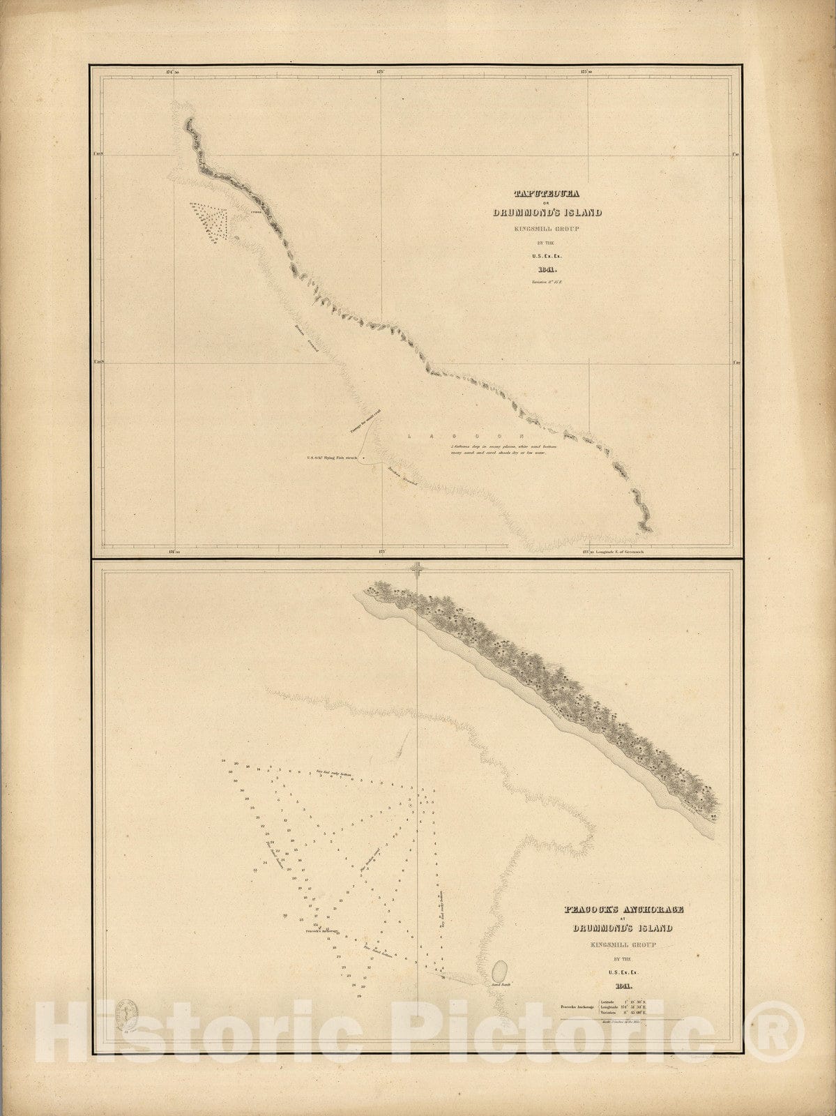 Historic Map : Kitibati, (Tabiteuea) Island, Peacock's Anchorage, Kitibati. 1841 , Vintage Wall Art