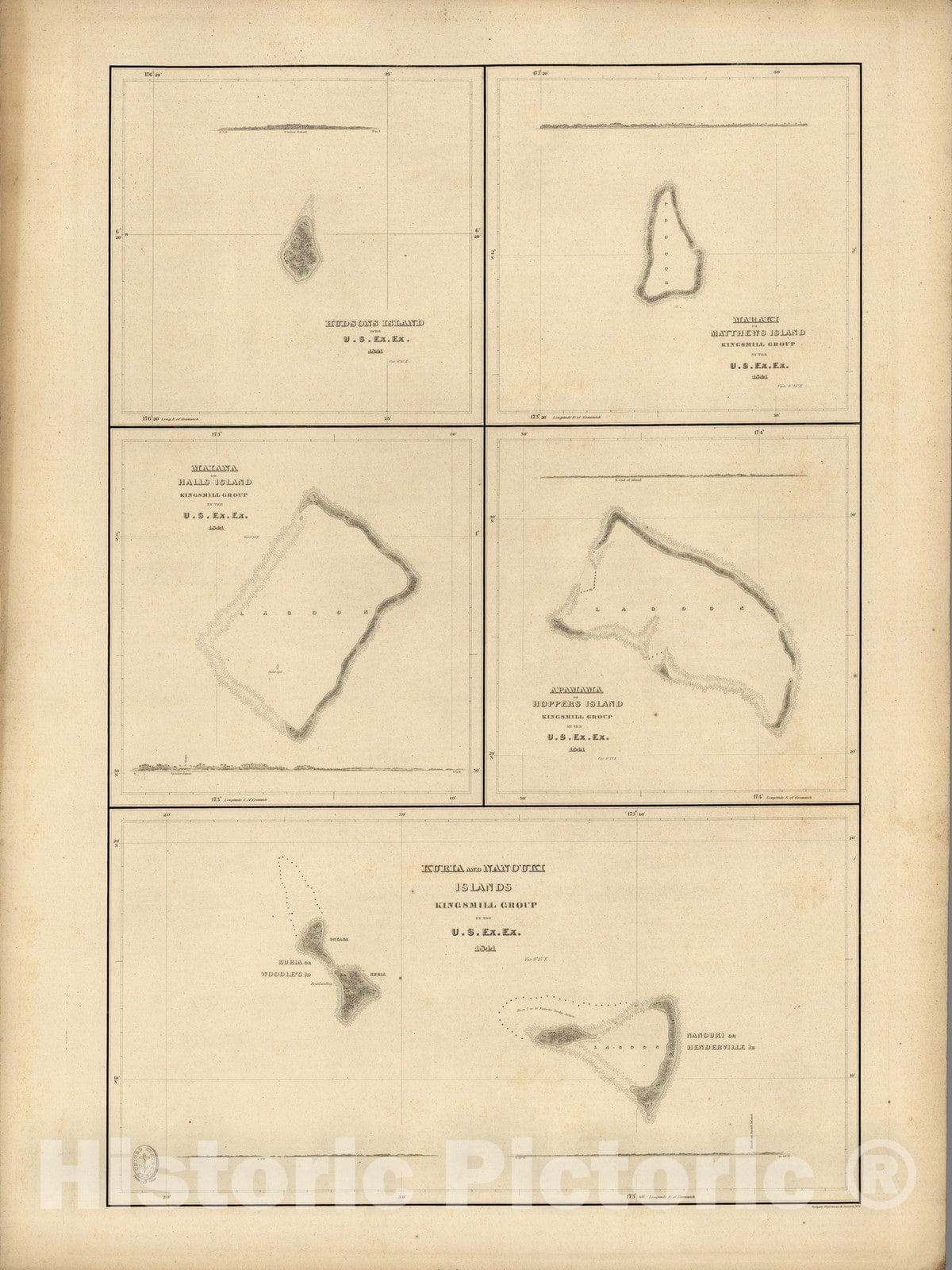 Historic Map : Kiribati, (Nanumanga), Maraki Island, Maiana Island, Apamama Island, Kuria, (Buariki) Islands. 1841 , Vintage Wall Art