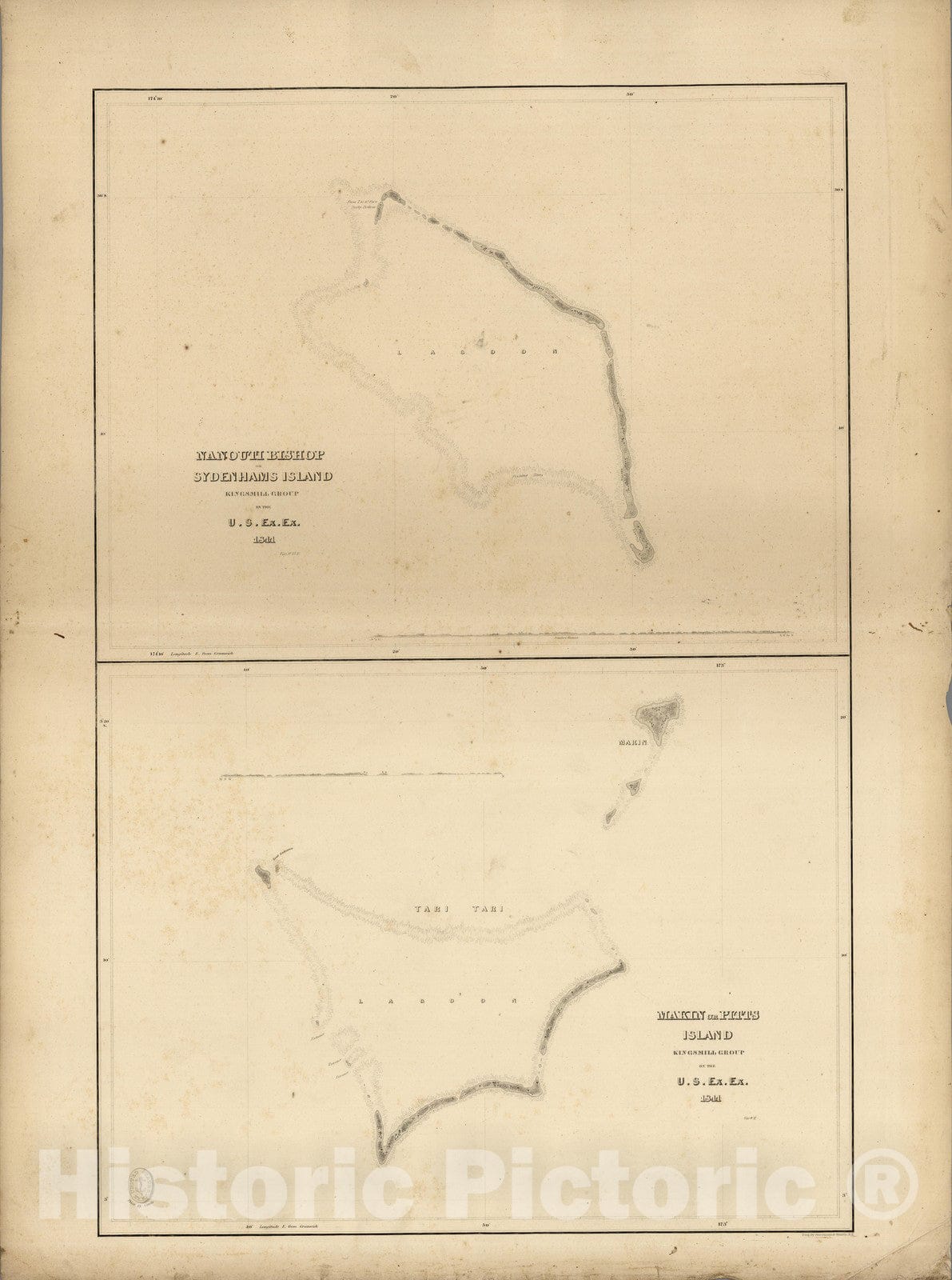 Historic Map : Kiribati, (Nonouti) Island, Makin Island, (Butaritai) Atoll, Kiribati. 1841 , Vintage Wall Art