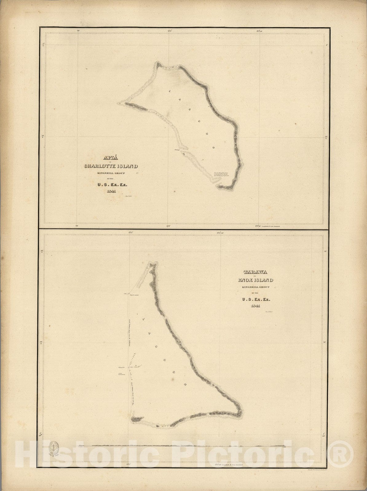 Historic Map : Apia or Charlotte Island, Tarawa or Knox Island, Kiribati. 1841 - Vintage Wall Art