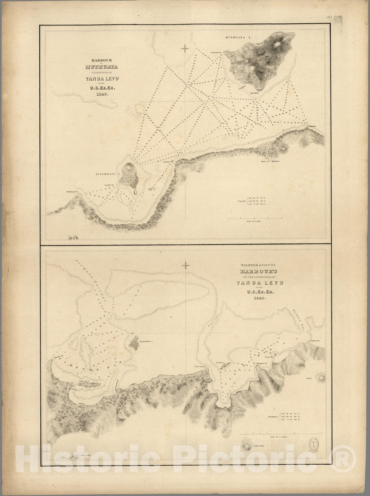 Historic Wall Map : Harbour of (Macuata-i-wai), Tibethe & Vicuna Harbours on the North Side of Vanua Levu, Fiji. 1841 - Vintage Wall Art