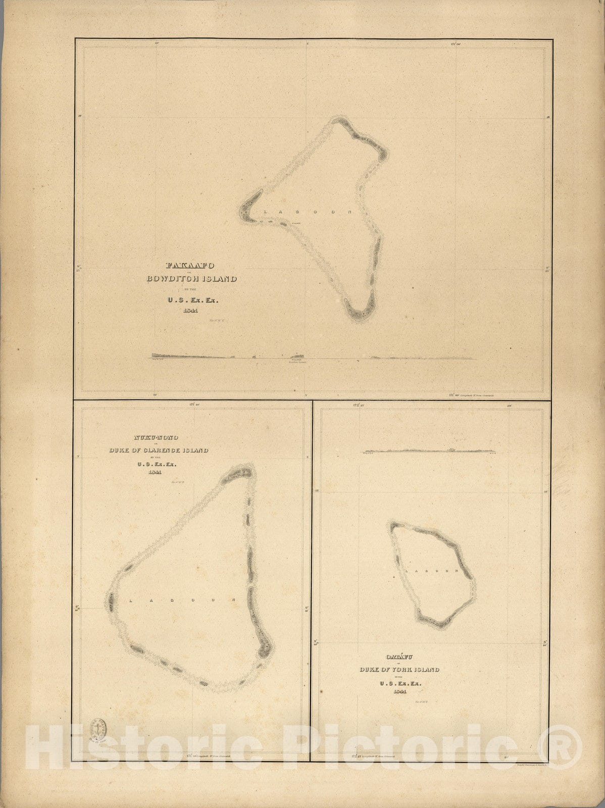 Historic Map : (Fakaofo), (Nukunonu Atoll), Oatafu or Duke of York Island, Tokelau. 1841 - Vintage Wall Art