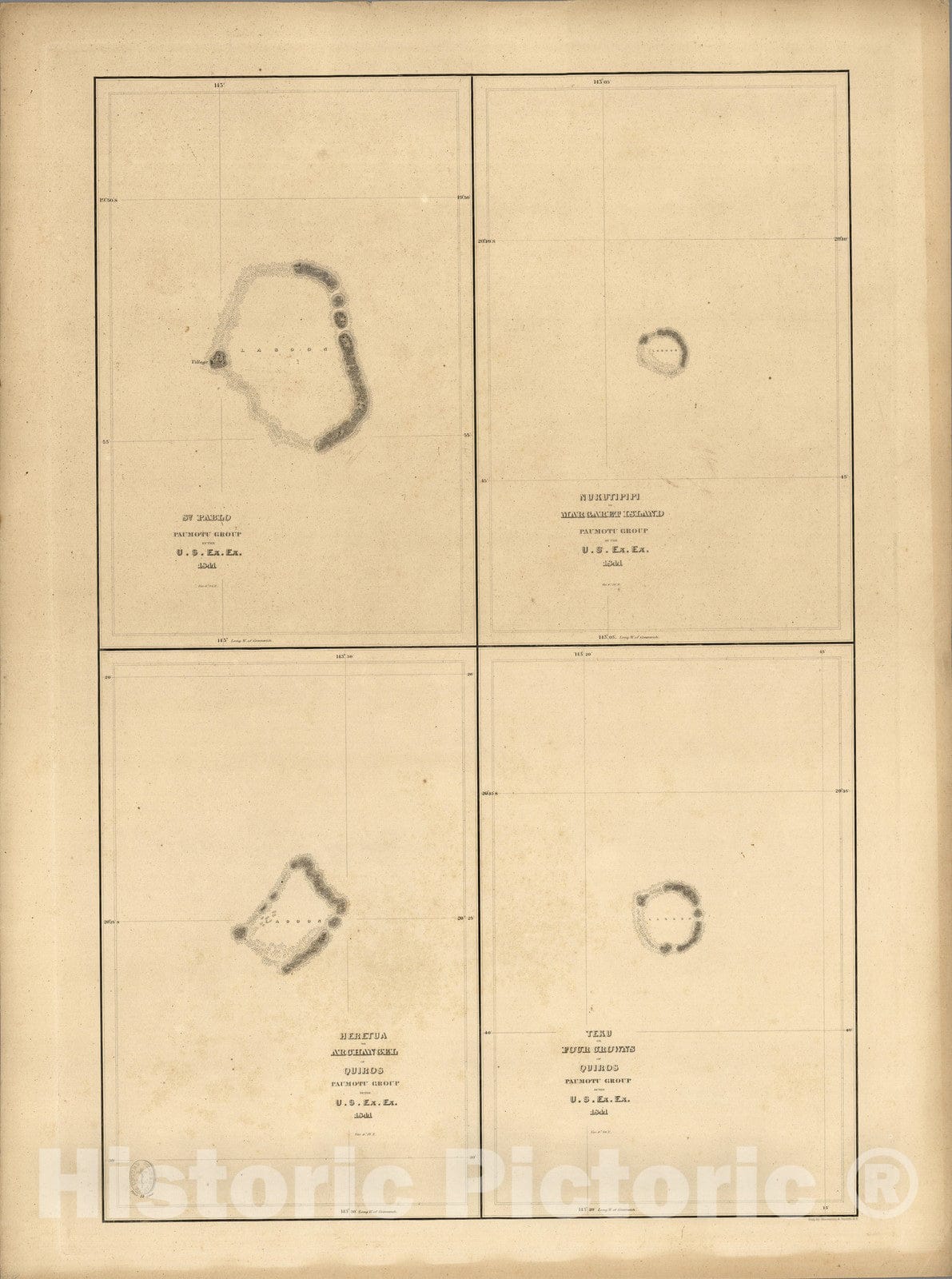 Historic Map : French Polynesia, (Hereheretue Atoll), (Nukutepipi), (Anuanuraro), (Anuanurunga), French Polynesia. 1841 , Vintage Wall Art