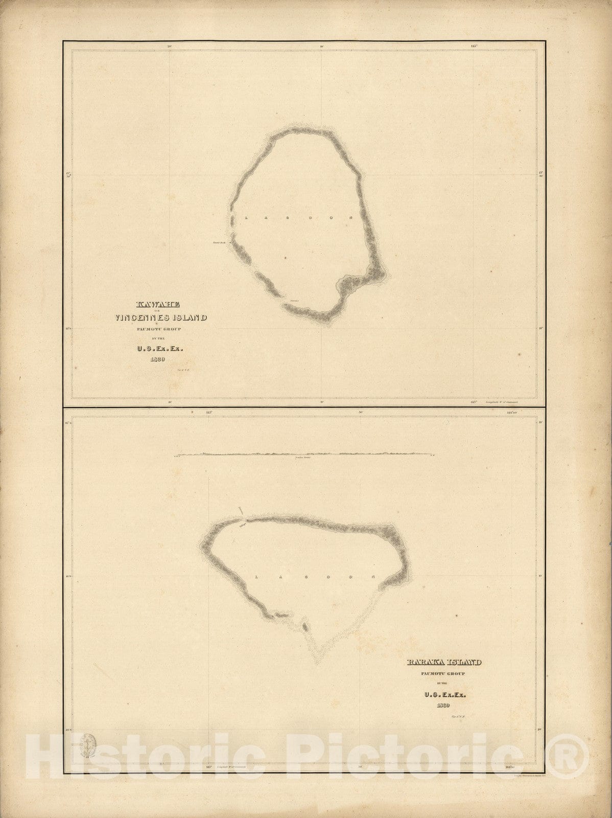 Historic Map : Kawahe (Kauehi) or Vincennes Island, Raraka (Rarake) Island, French Polynesia. 1841 - Vintage Wall Art
