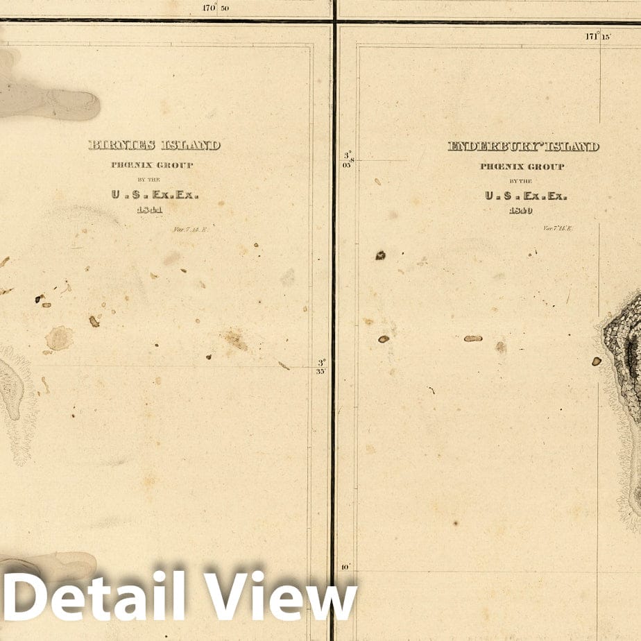 Historic Wall Map : Swains Island,Jarvis' Island, Birnies Island, Enderbury Island, Hull's Island (Orona Atoll), (Teraina Atoll), Kiribati. 1841 - Vintage Wall Art