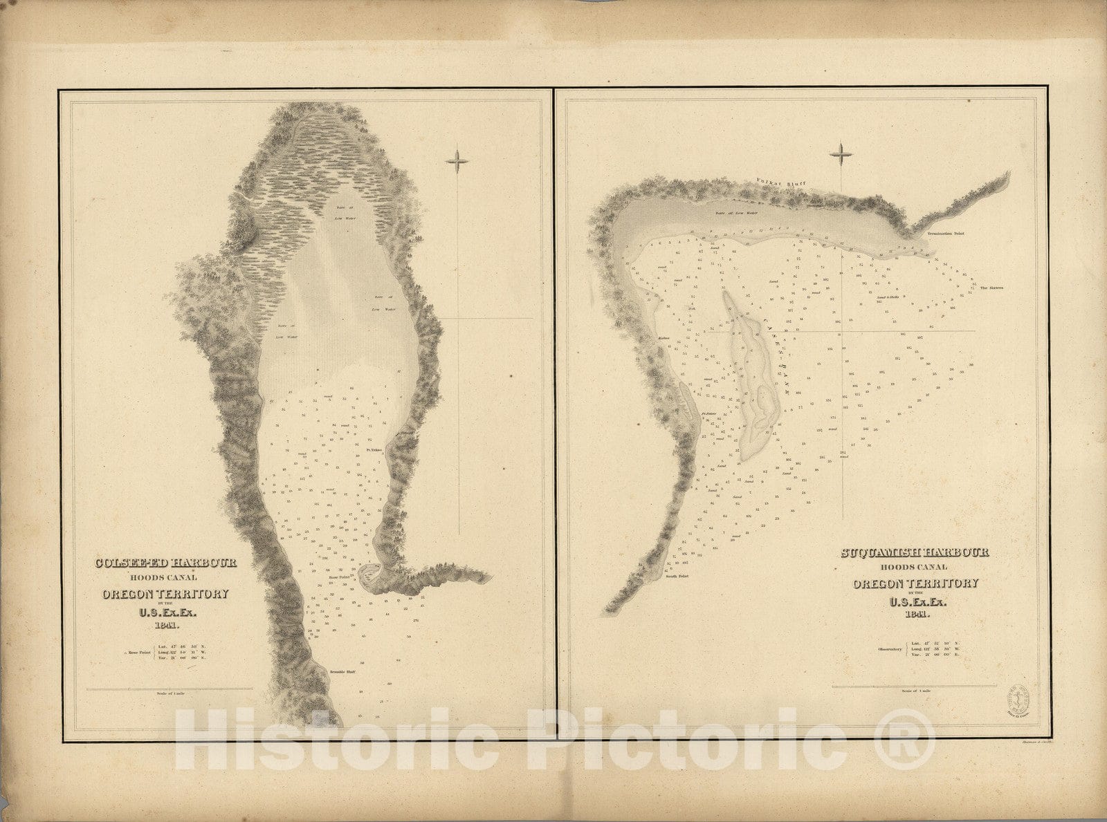 Historic Map : Colsee-ed (Quilcene) Harbour, Suquamish Harbour, Hoods Canal, Oregon Territory. 1841 - Vintage Wall Art