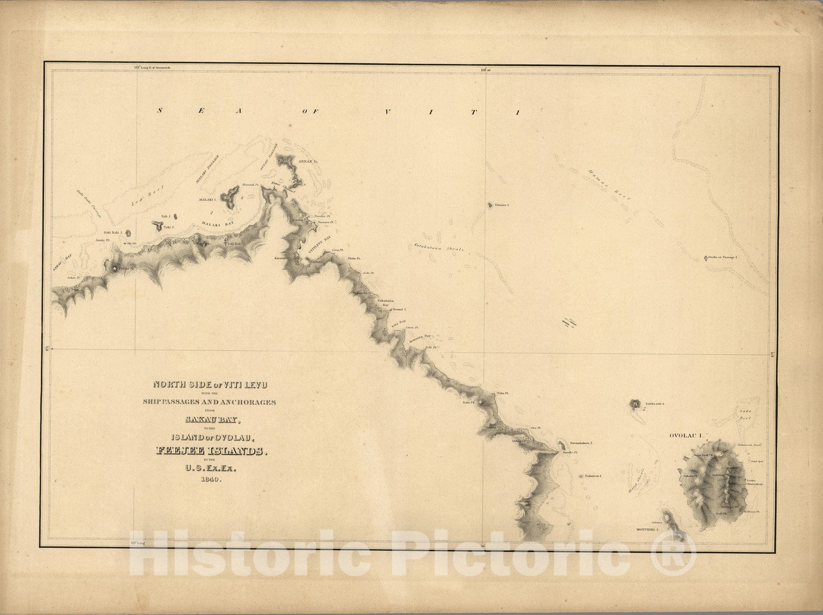 Historic Map : North Side of Viti Levu from Sakau Bay to the Island of Ovolau, Feejee (Fiji) Islands 1841 - Vintage Wall Art