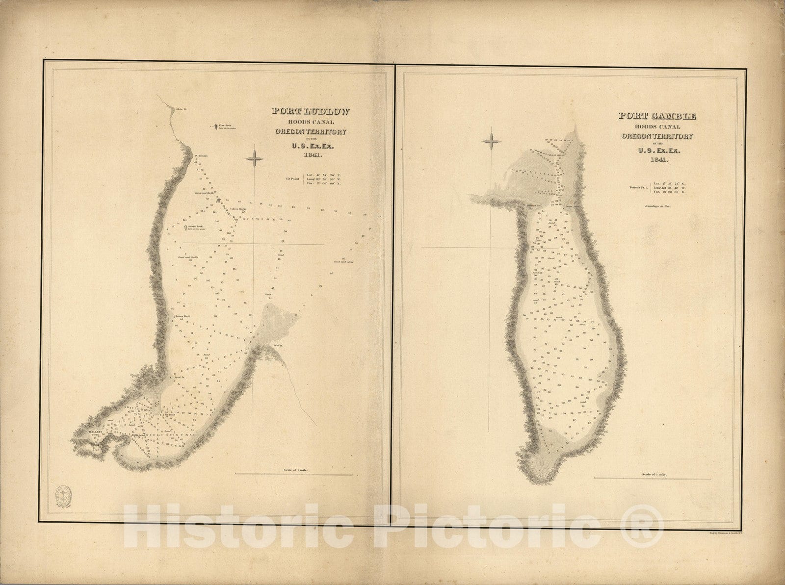 Historic Map : Port Ludlow, Port Gamble, Hoods Canal, Oregon Territory. 1841 - Vintage Wall Art