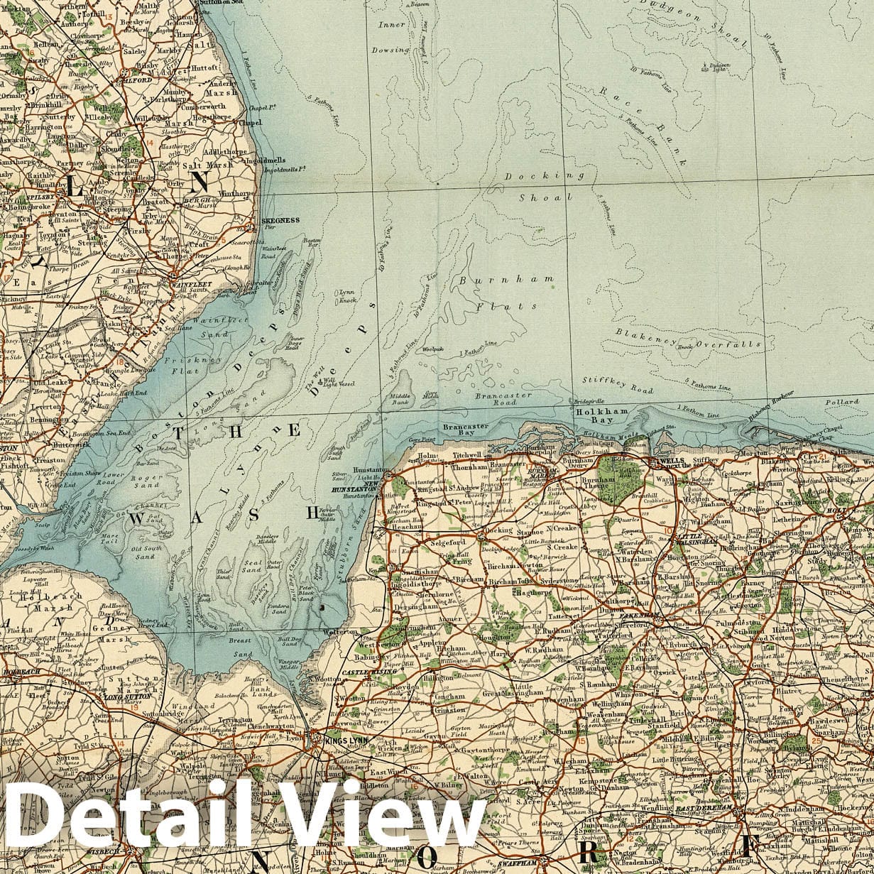 Norfolk and Lincoln, England - Railroad Map, 1918 - Bartholomew Historical Map Print
