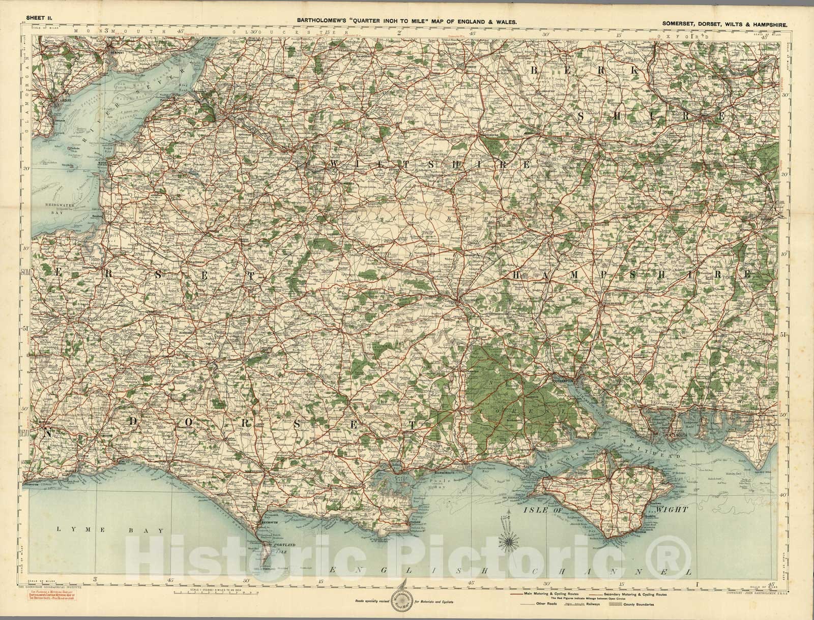 Historic Wall Map : Sheet 11. Somerst, Dorset, Wilts & Hampshire. 1919 - Vintage Wall Art