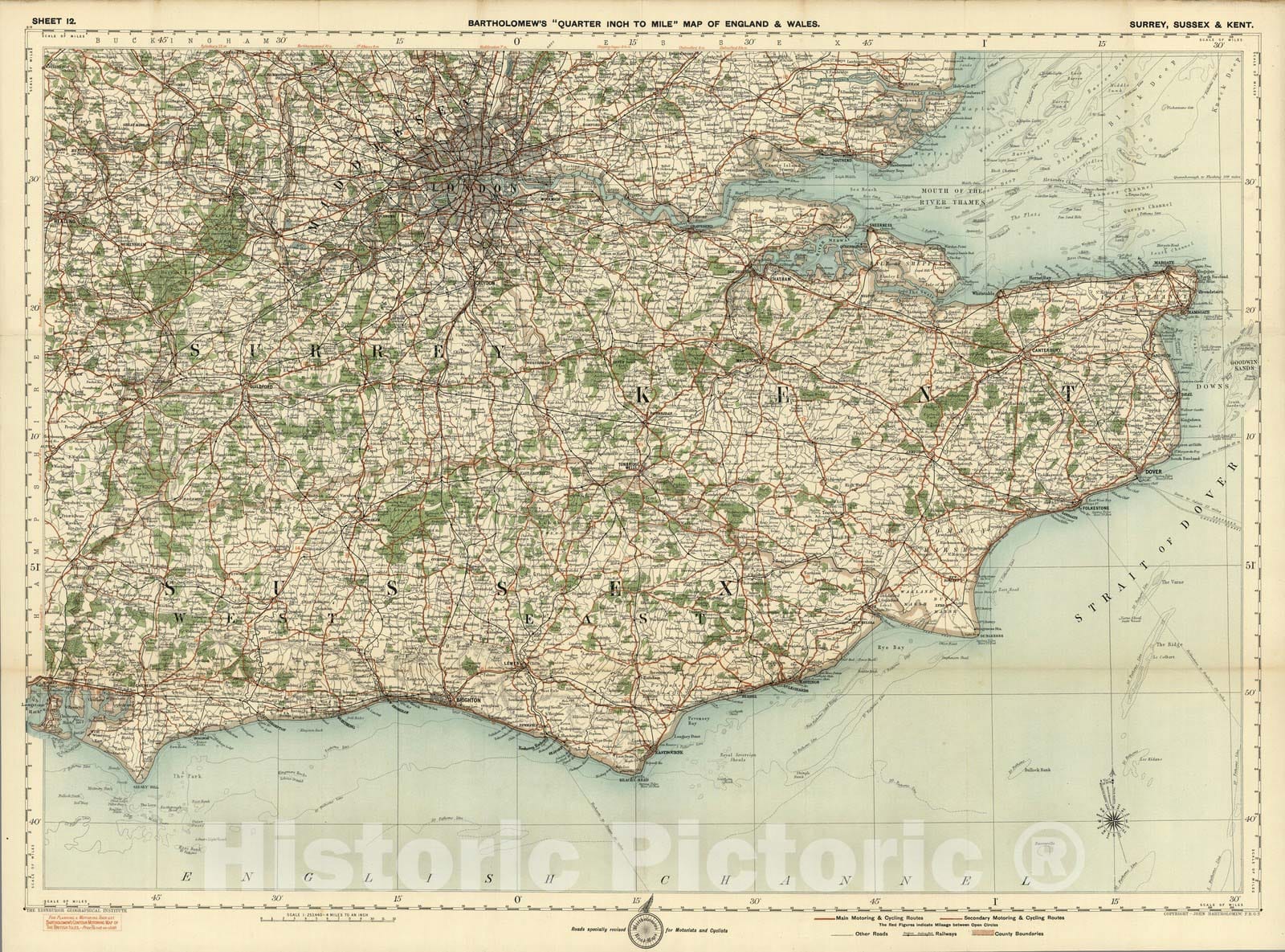 Historic Map : Sheet 12. Surrey, Sussex & Kent. 1919 - Vintage Wall Art