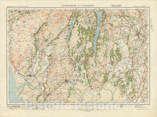 Historic Map : Sheet 19. Windermere & Ulverston. 1921 - Vintage Wall Art