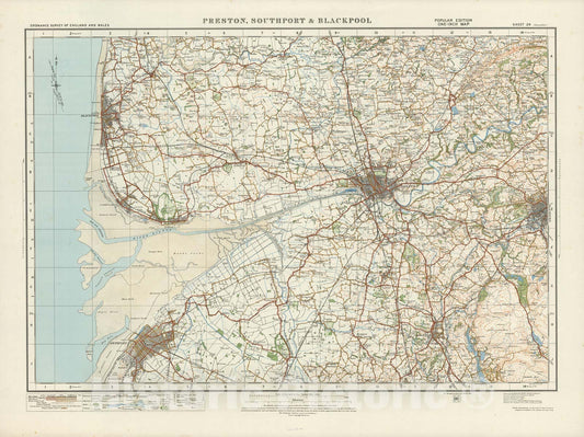Historic Map : Sheet 29. Preston, Southport & Blackpool. 1920 - Vintage Wall Art