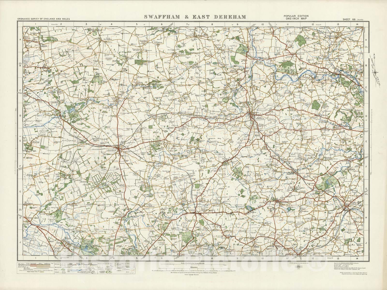 Historic Wall Map : Sheet 66. Swaffham & East Dereham. 1920 - Vintage Wall Art