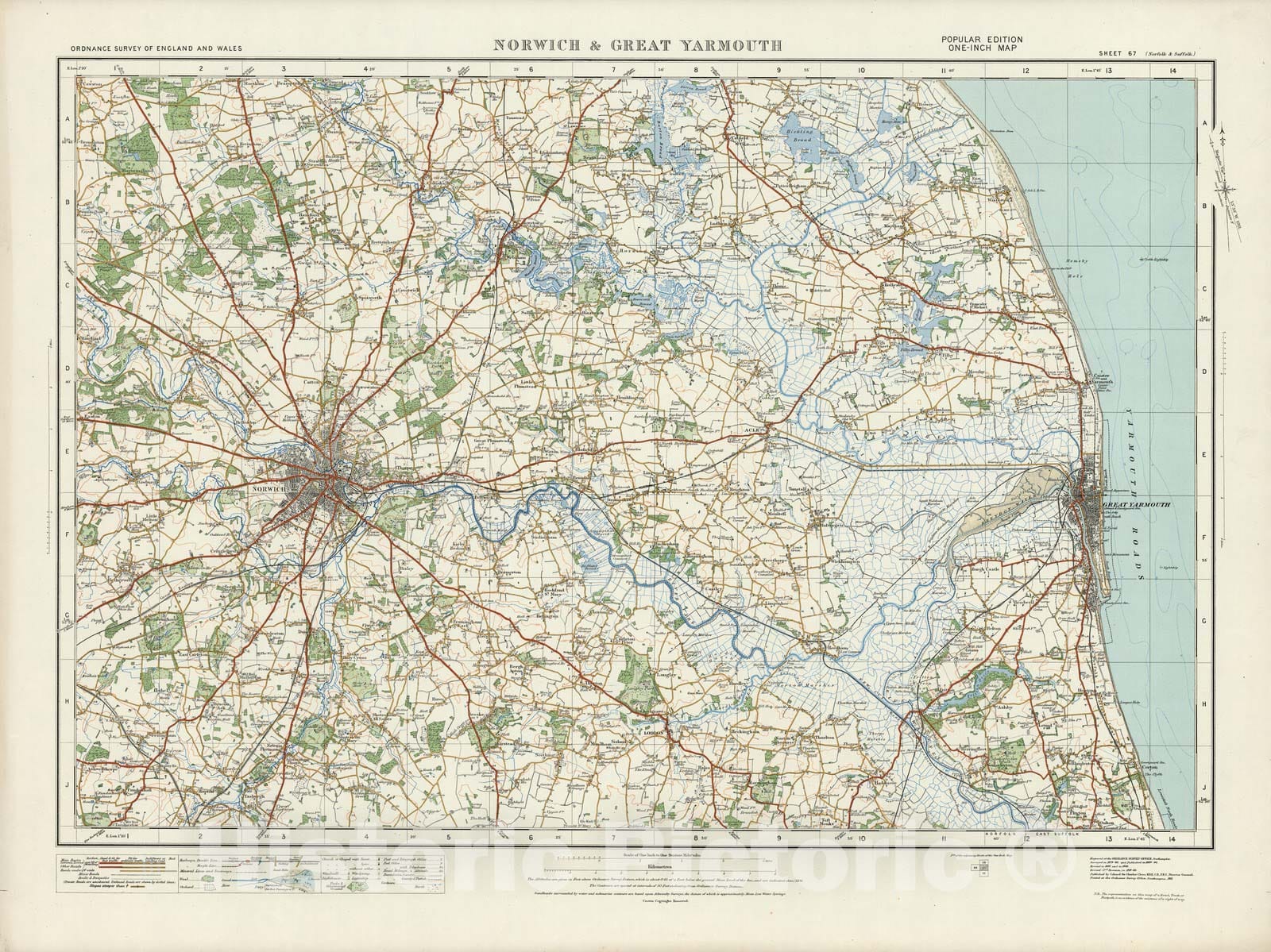Historic Wall Map : Sheet 67. Norwich & Great Yarmouth. 1920 - Vintage Wall Art