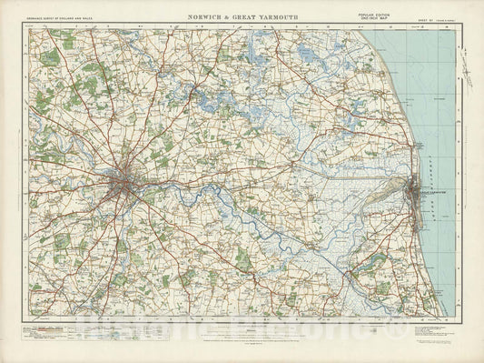 Historic Wall Map : Sheet 67. Norwich & Great Yarmouth. 1920 - Vintage Wall Art