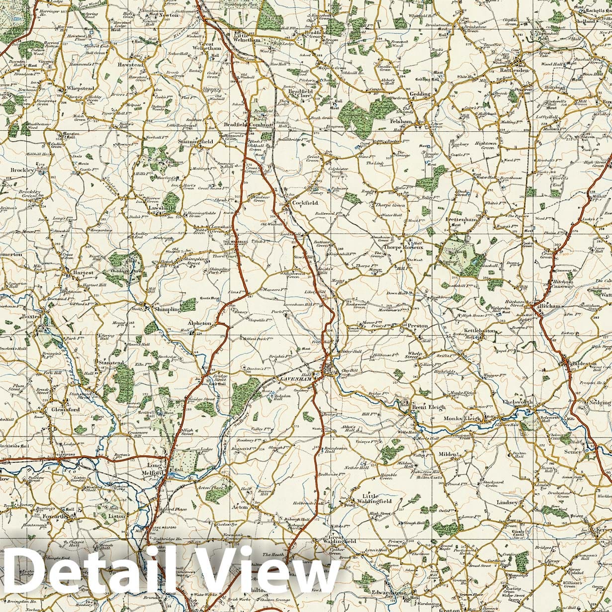 Bury St. Edmunds and Sudbury, England - Survey Map, 1919 - Historical Map Print