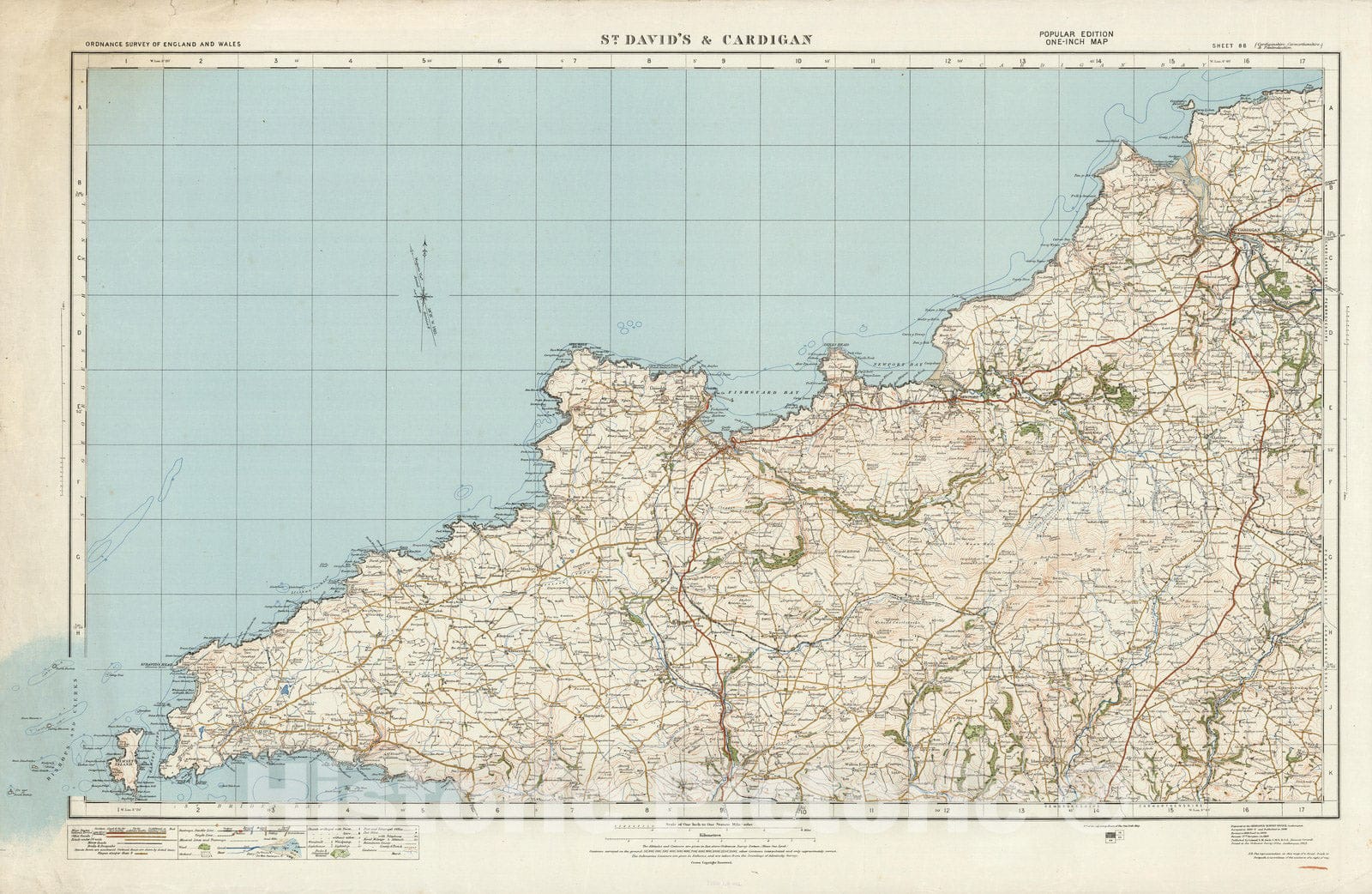 Historic Wall Map : Sheet 88. St. David's & Cardigan. 1919 - Vintage Wall Art
