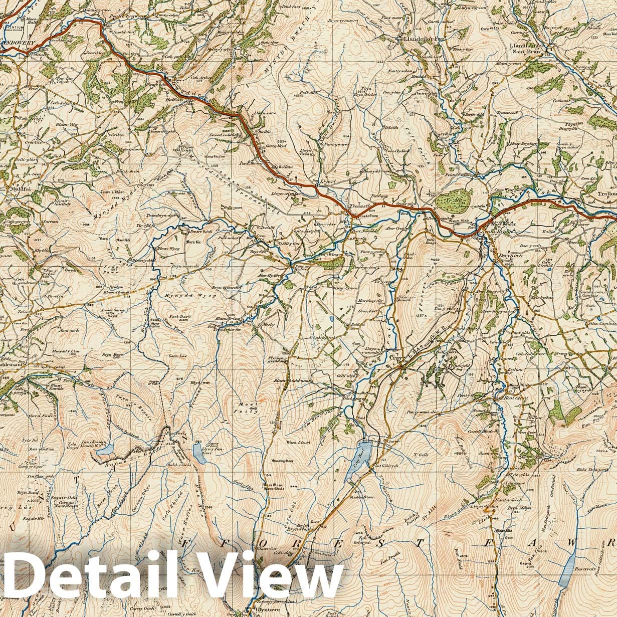 Brecon and Llandovery, Wales - Survey Map, 1920 - Historical Map Print