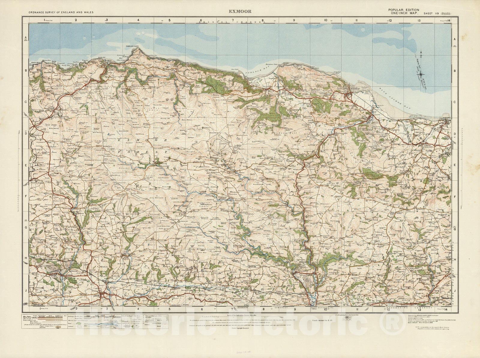 Historic Map : Sheet 119. Exmoor. 1913 - Vintage Wall Art
