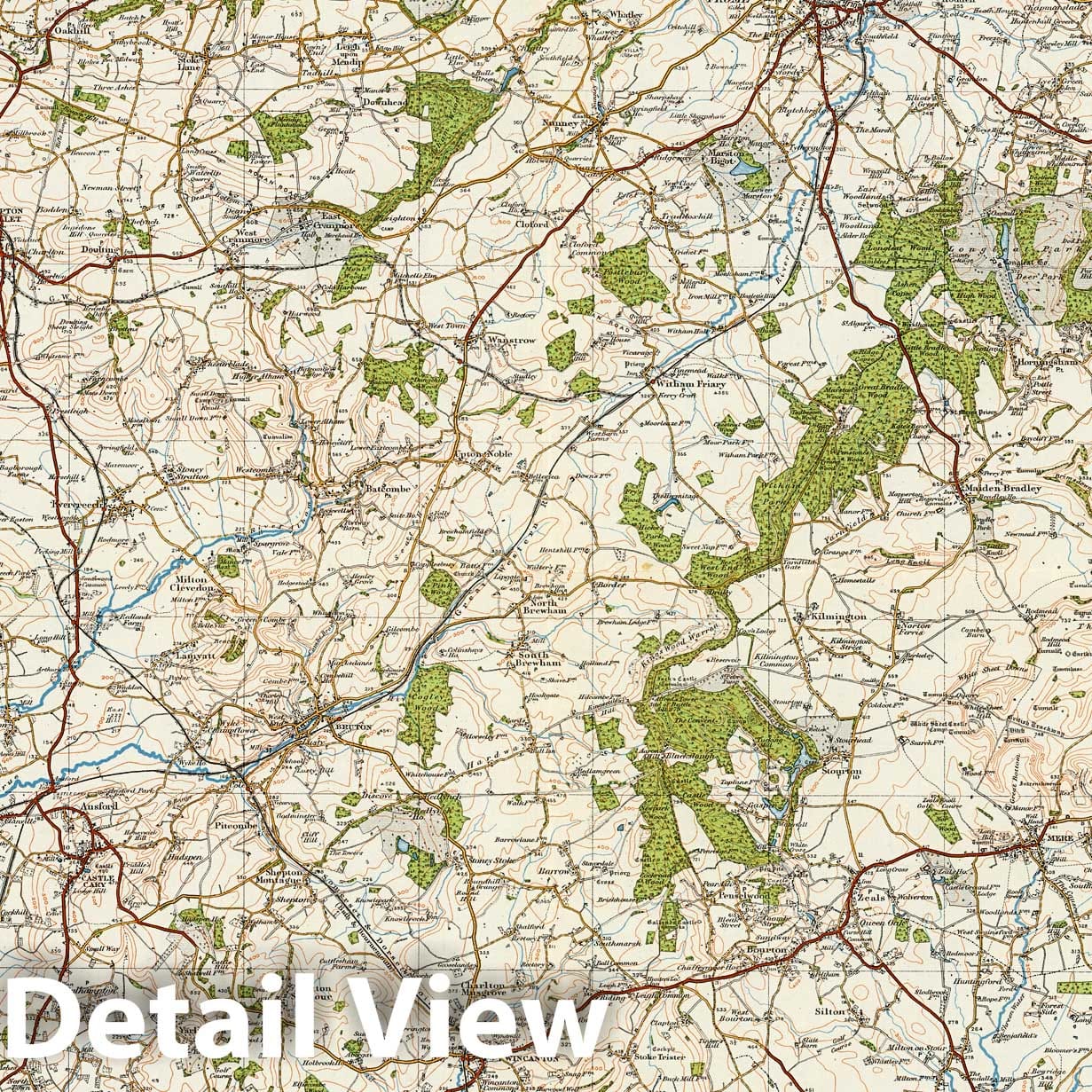 Wells and Frome, England - Survey Map, 1913 - Historical Topographic Print
