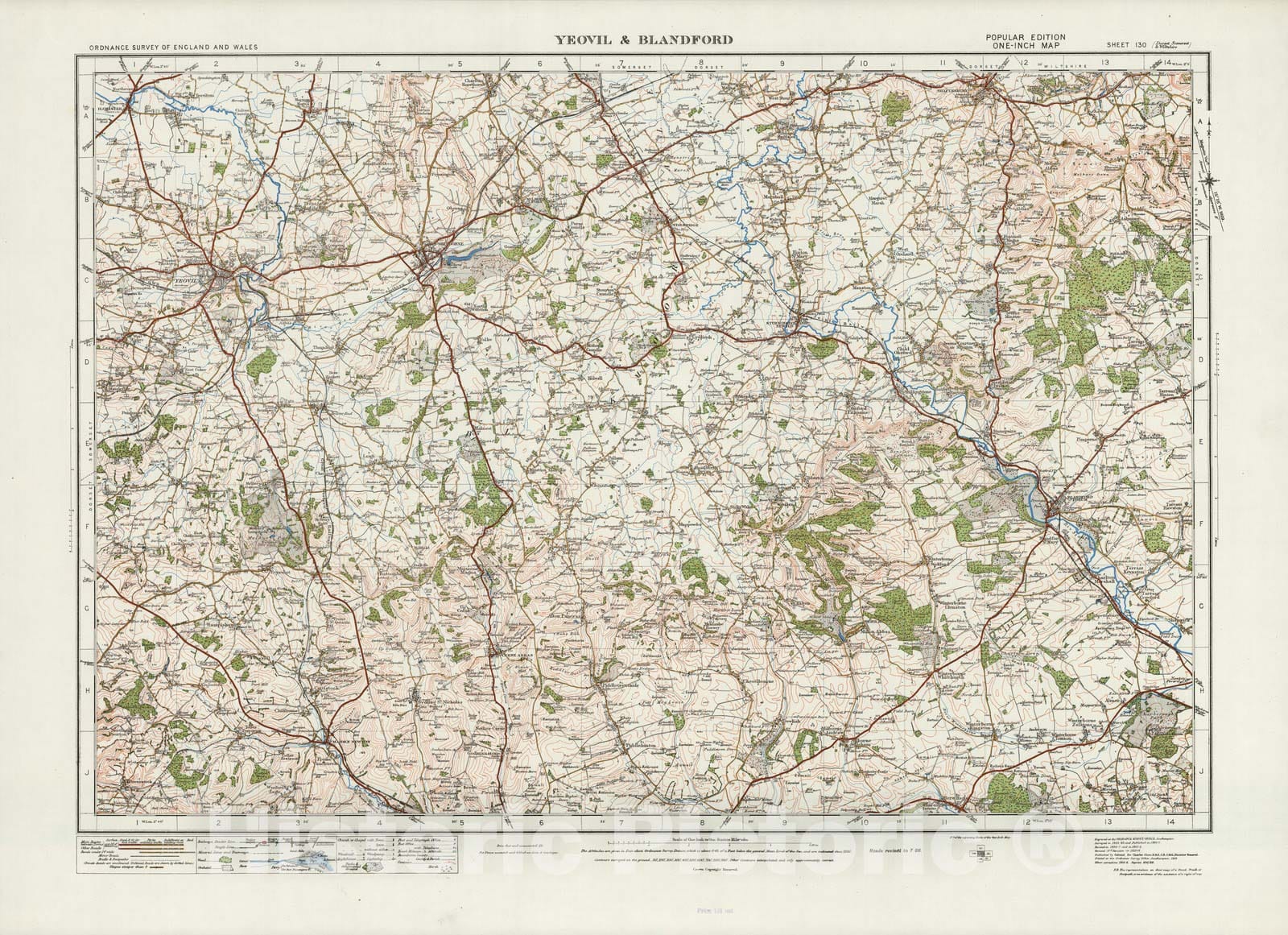Historic Map : Sheet 130. Yeovil & Blandford. 1914 - Vintage Wall Art