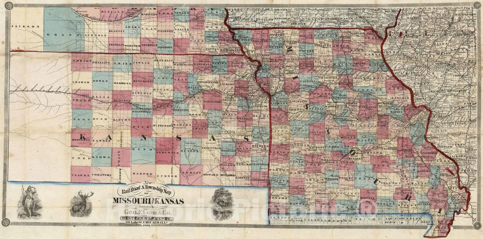 Historic Map : New Rail Road & township map of Missouri and Kansas, 1869 - Vintage Wall Art