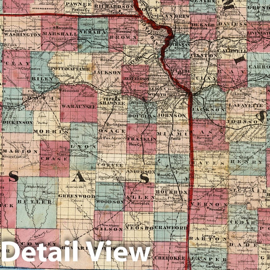 Missouri and Kansas - Railroad Map, 1869 - Historical Map Print