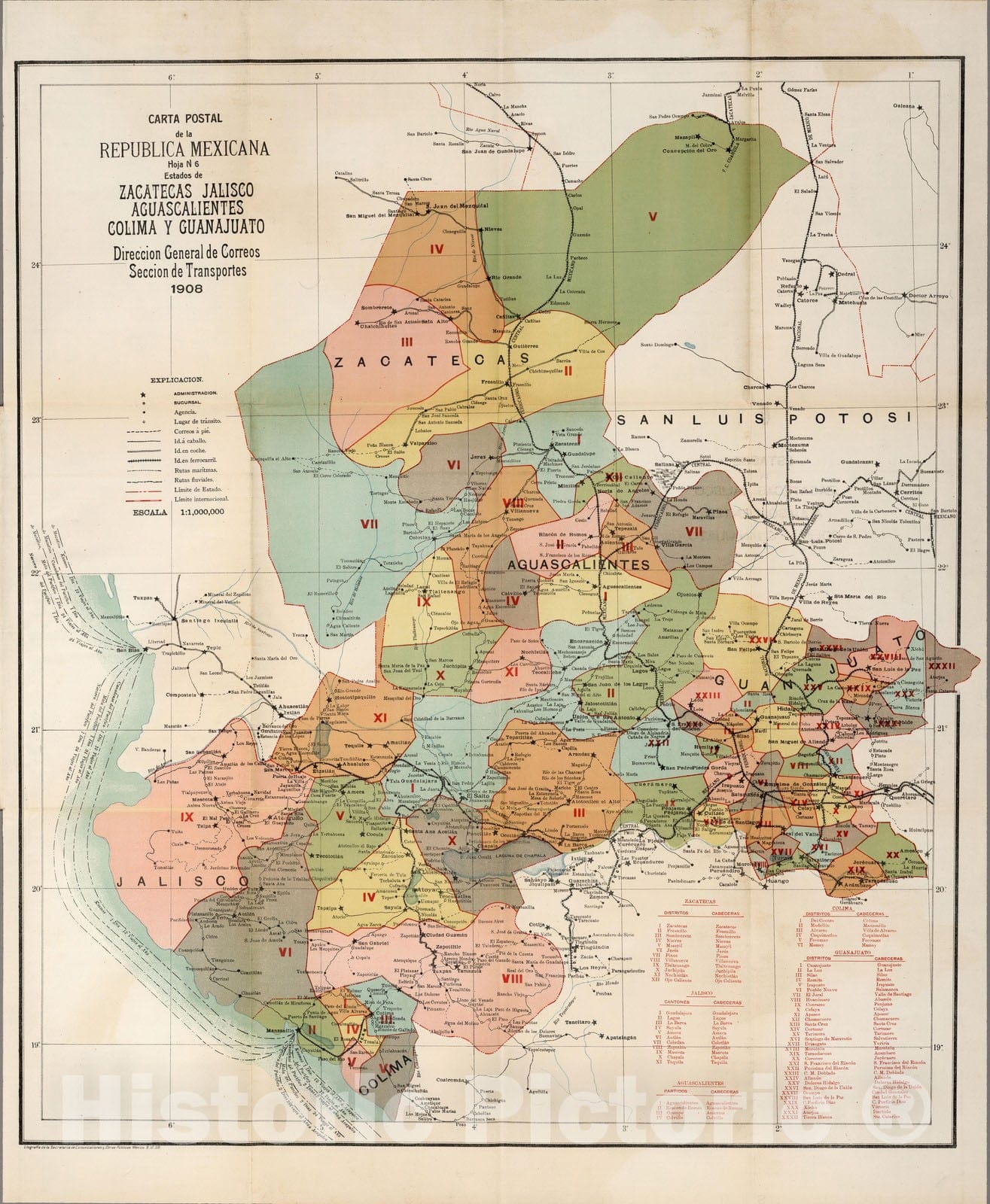 Historic Map : Zacatecas (Mexico), GuanajuayoCarta Postal de la Republica Mexicana. 1908 , Vintage Wall Art