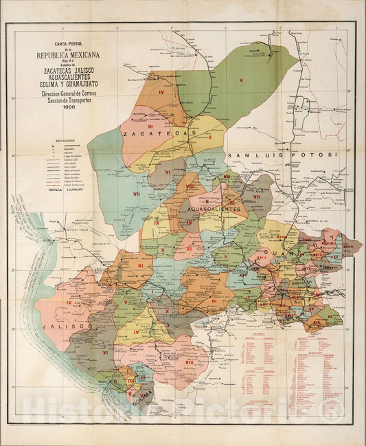 Historic Map : Zacatecas (Mexico), GuanajuayoCarta Postal de la Republica Mexicana. 1908 , Vintage Wall Art