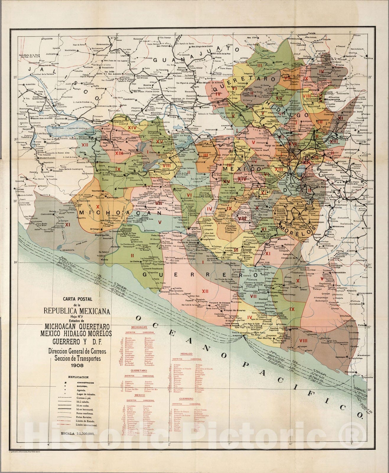 Historic Map : Michocan (Mexico), MorelosCarta Postal de la Republica Mexicana. 1908 , Vintage Wall Art