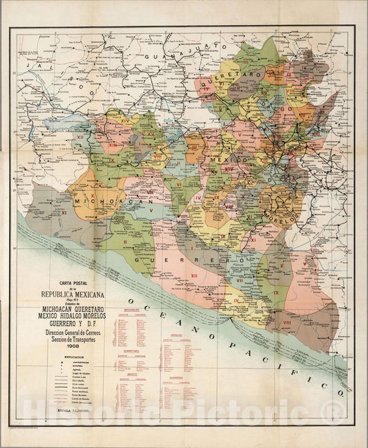 Historic Map : Michocan (Mexico), MorelosCarta Postal de la Republica Mexicana. 1908 , Vintage Wall Art