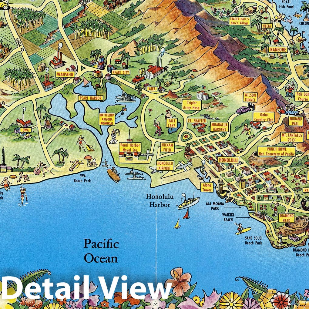 Honolulu, Waikiki, and Oahu - Pictorial Map, 1950
